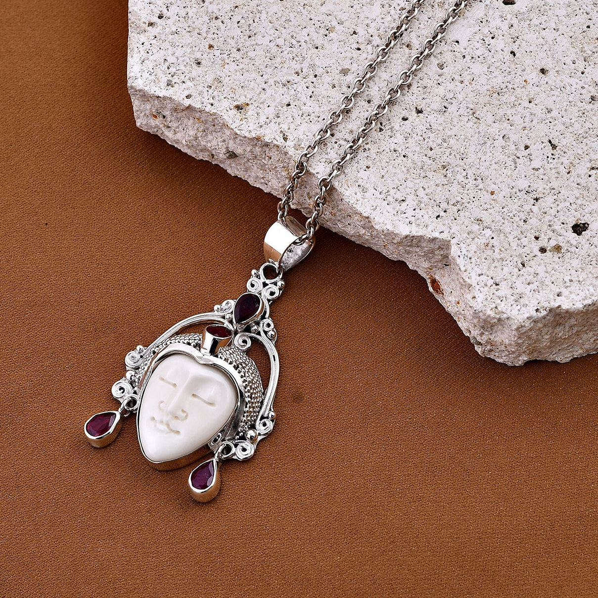 Royal Bali Princess Collection - Ox Bone &amp; Ruby (FF) Pendant in Sterling Silver 2.14 Ct, Silver Wt 7.80 GM 7619656 1