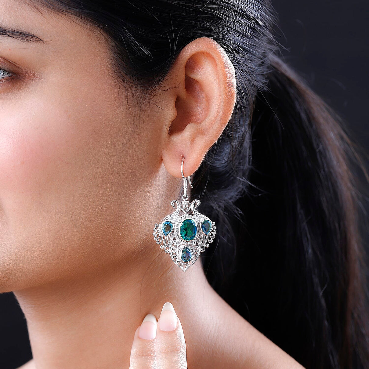 Peacock Triplet Quartz Solitaire Hook Earring in Sterling Silver 10.79 Ct. 7572889 2