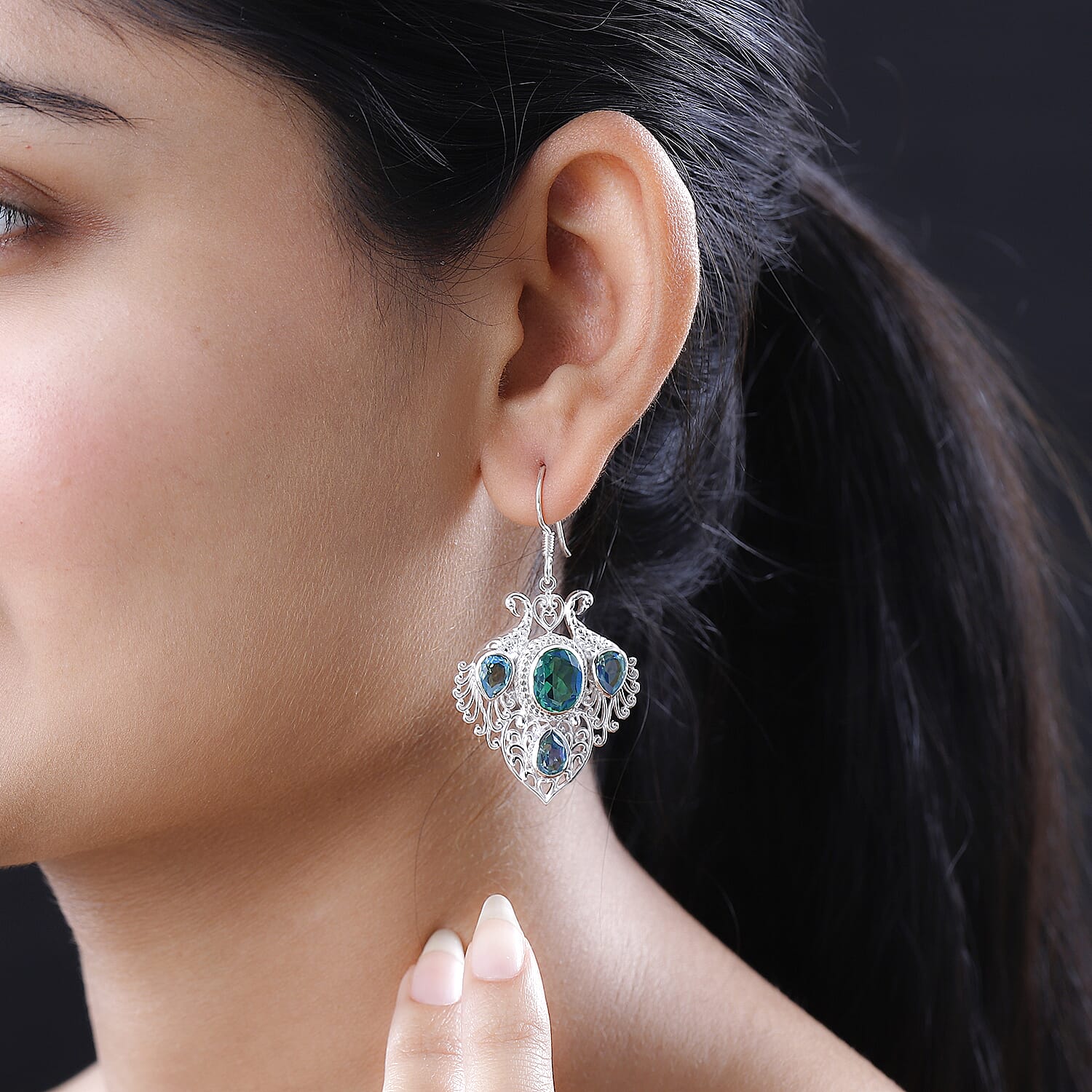Peacock Triplet Quartz Solitaire Hook Earring in Sterling Silver 10.79 Ct. 7572889 2