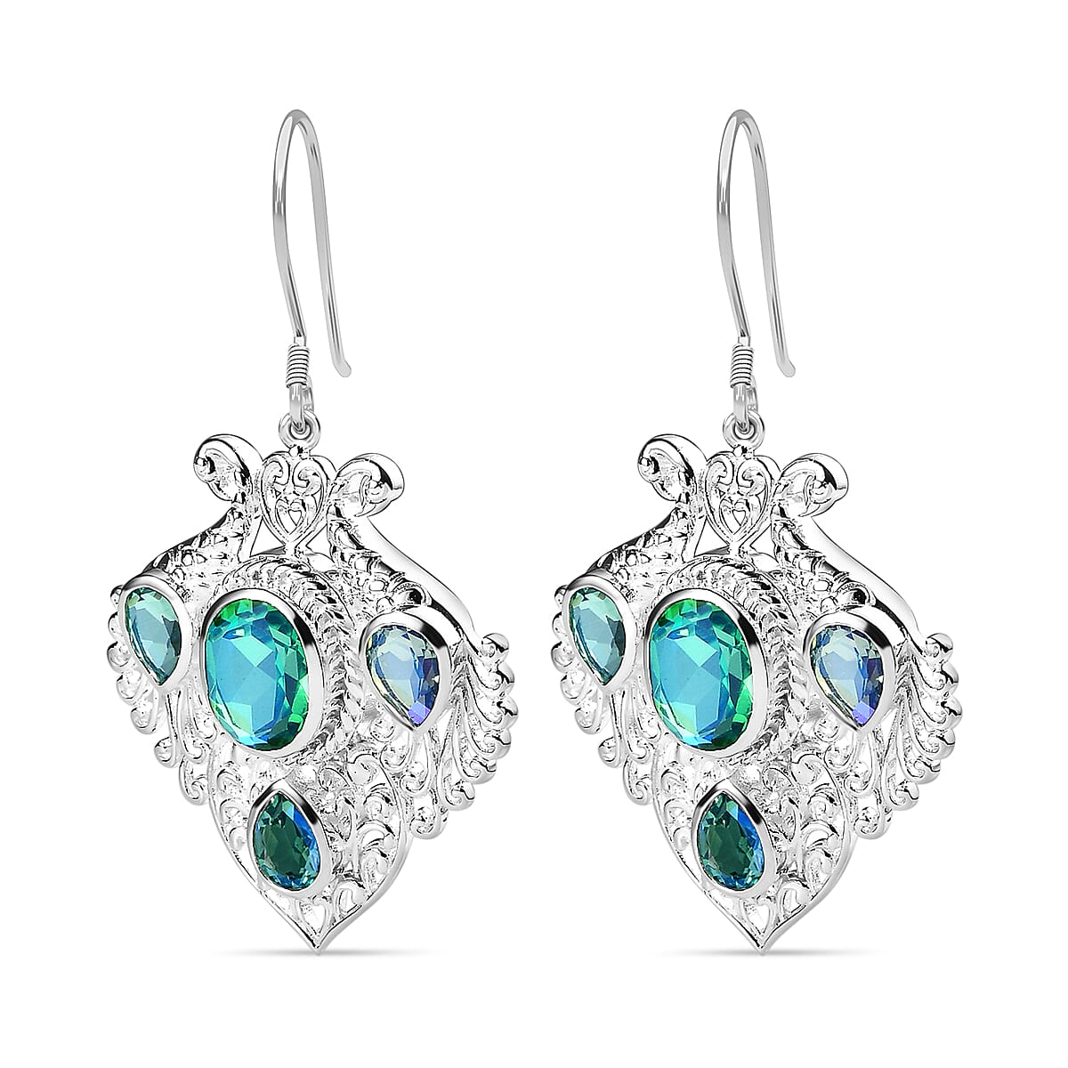 Peacock Triplet Quartz Solitaire Hook Earring in Sterling Silver 10.79 Ct. 7572889 3