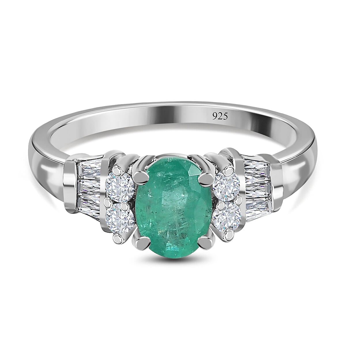 Premium Emerald , White Zircon Main Stone With Side Stone Ring in Platinum Overlay Sterling Silver 1.34 ct 1.361 Ct. 7572935 0
