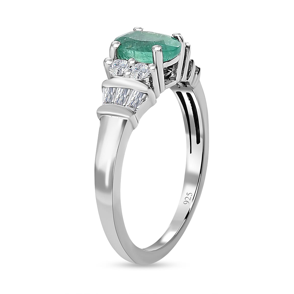 Premium Emerald , White Zircon Main Stone With Side Stone Ring in Platinum Overlay Sterling Silver 1.34 ct 1.361 Ct. 7572935 3