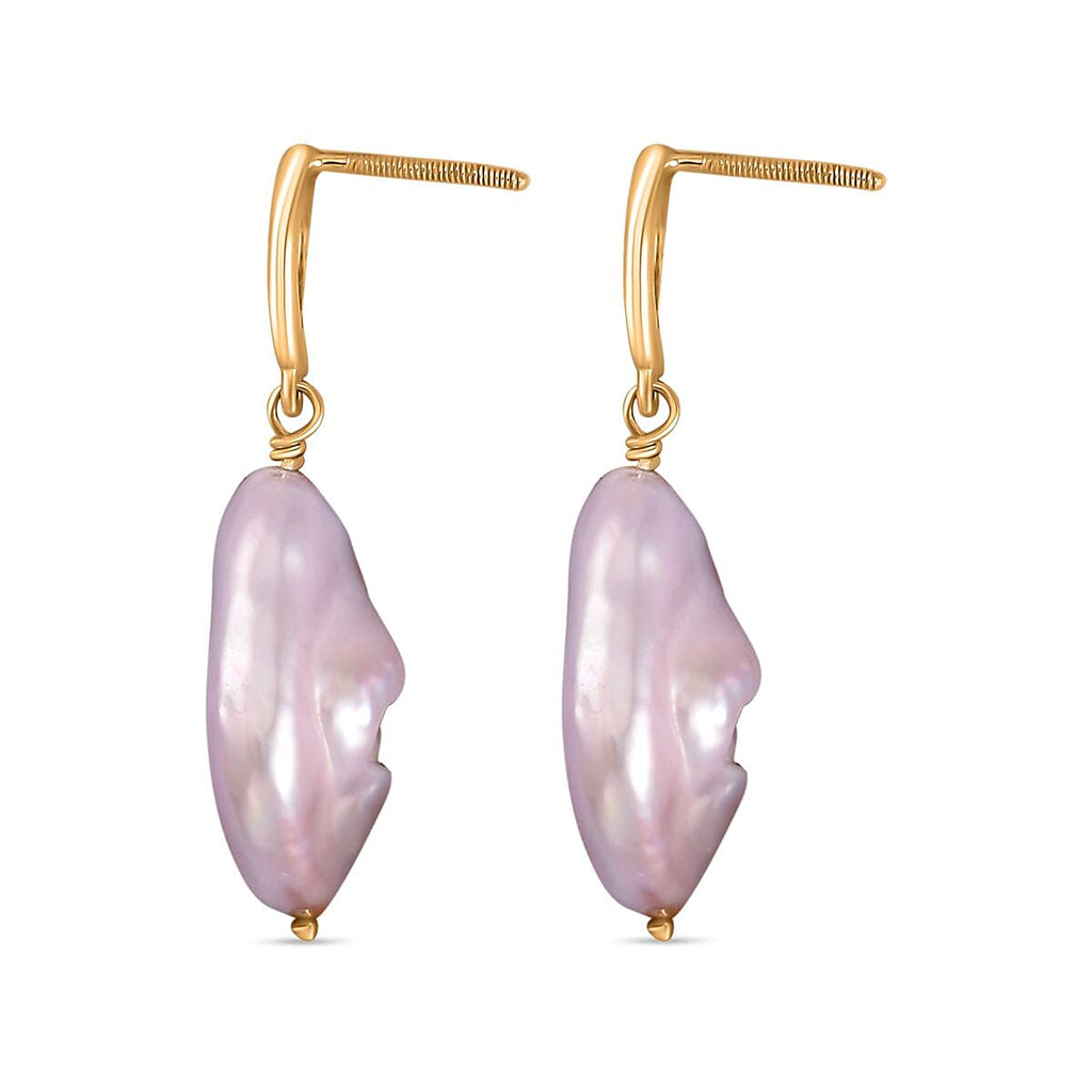 Purple Keshi Pearl Drop Earrings with Push Back in Yellow Gold Plated Sterling Silver 9.75 Ct.
