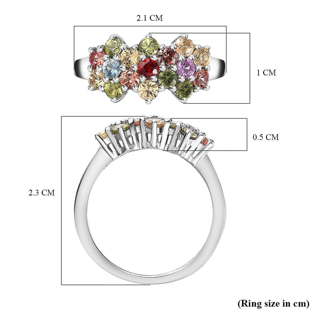 Rainbow Sapphire Cluster Ring in Platinum Overlay Sterling Silver 1.51 Ct