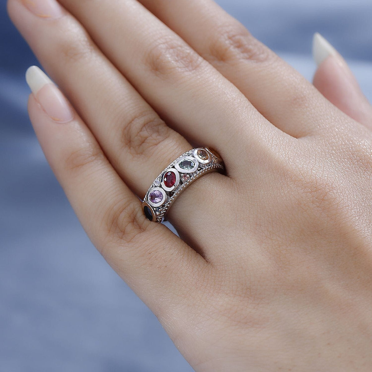 Rainbow Sapphire  Ring in Platinum Overlay Sterling Silver 7606104 2