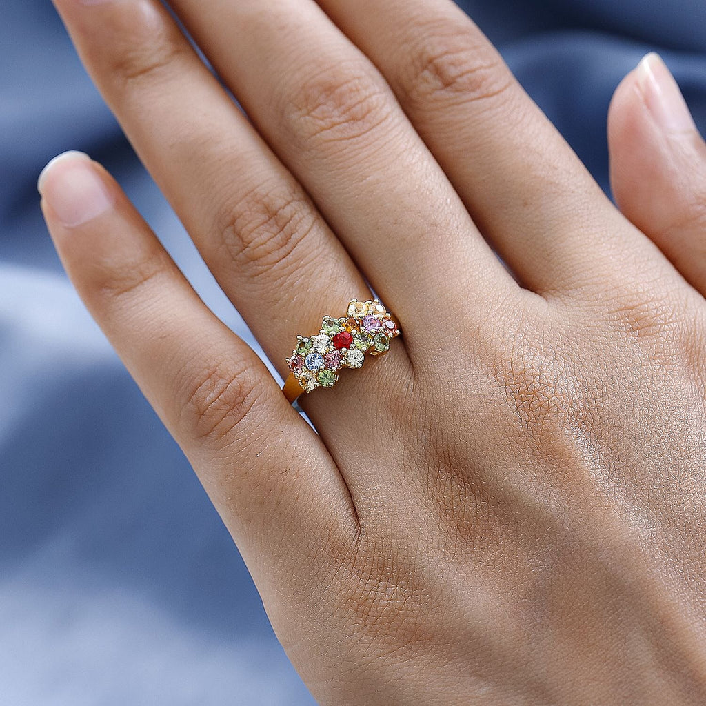 Rainbow Sapphire Cluster Ring in 18K Vermeil Yellow Gold Plated Sterling Silver 1.51 Ct