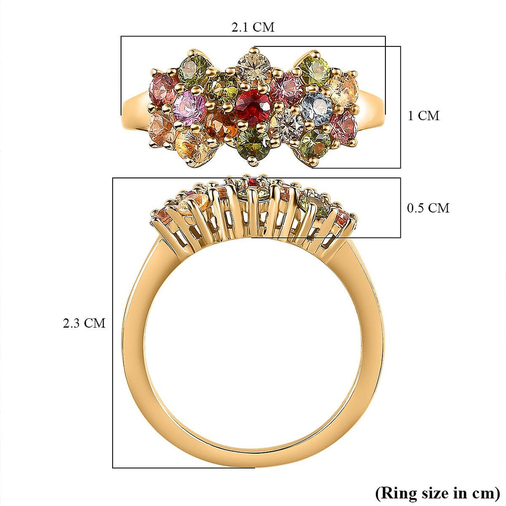 Rainbow Sapphire Cluster Ring in 18K Vermeil Yellow Gold Plated Sterling Silver 1.51 Ct