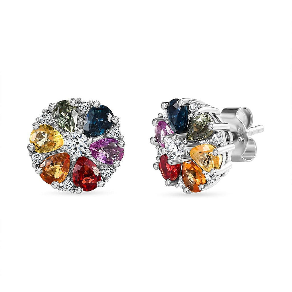 Rainbow Sapphire ,  White Zircon  Cluster Earring in Platinum Overlay Sterling Silver 2.73 ct  2.734  Ct.