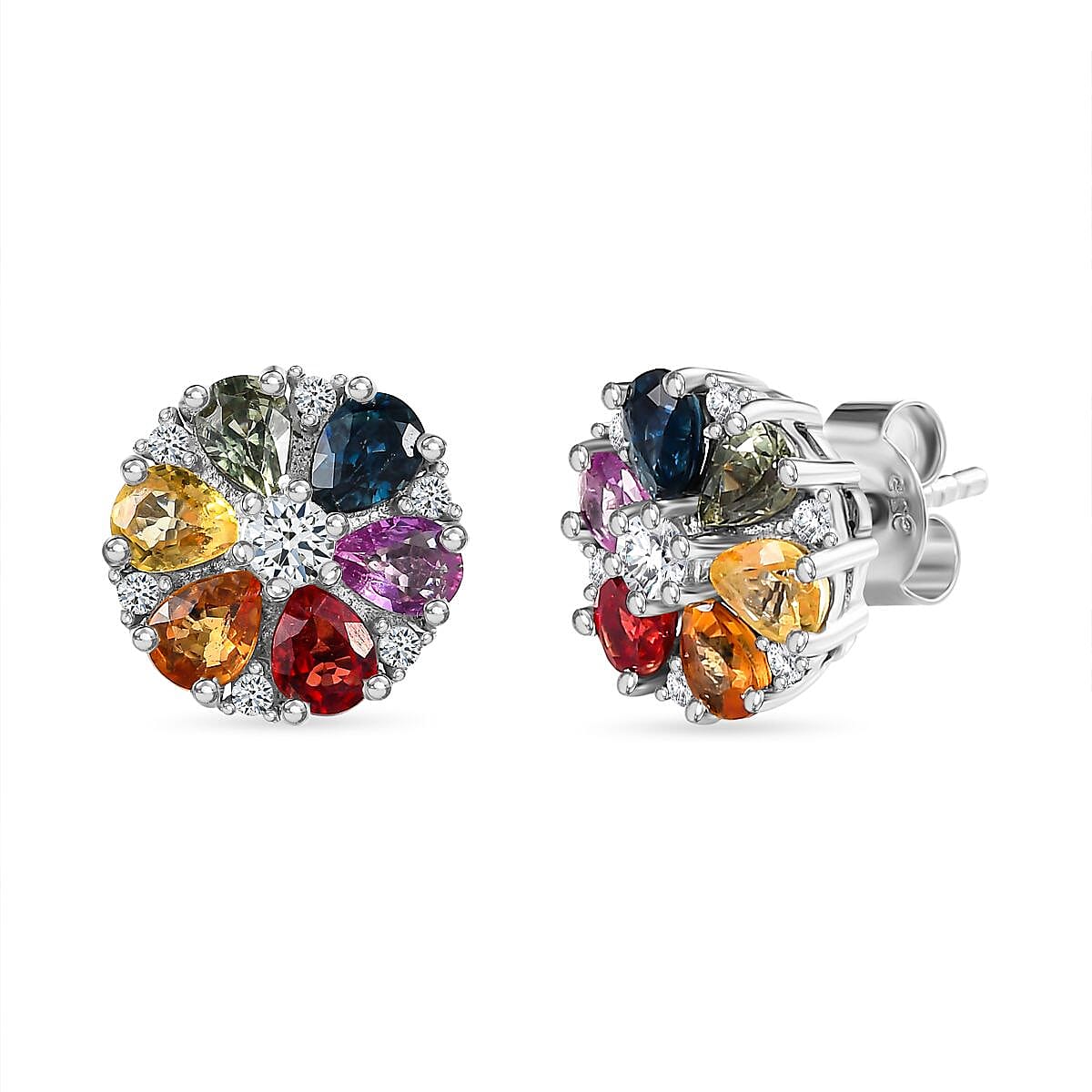 Rainbow Sapphire and White Zircon Cluster Earring in Platinum Overlay Sterling Silver 7606071 0
