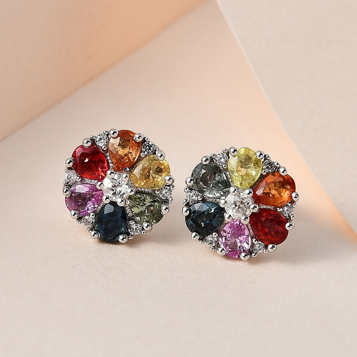 Rainbow Sapphire and White Zircon Cluster Earring in Platinum Overlay Sterling Silver 7606071 1
