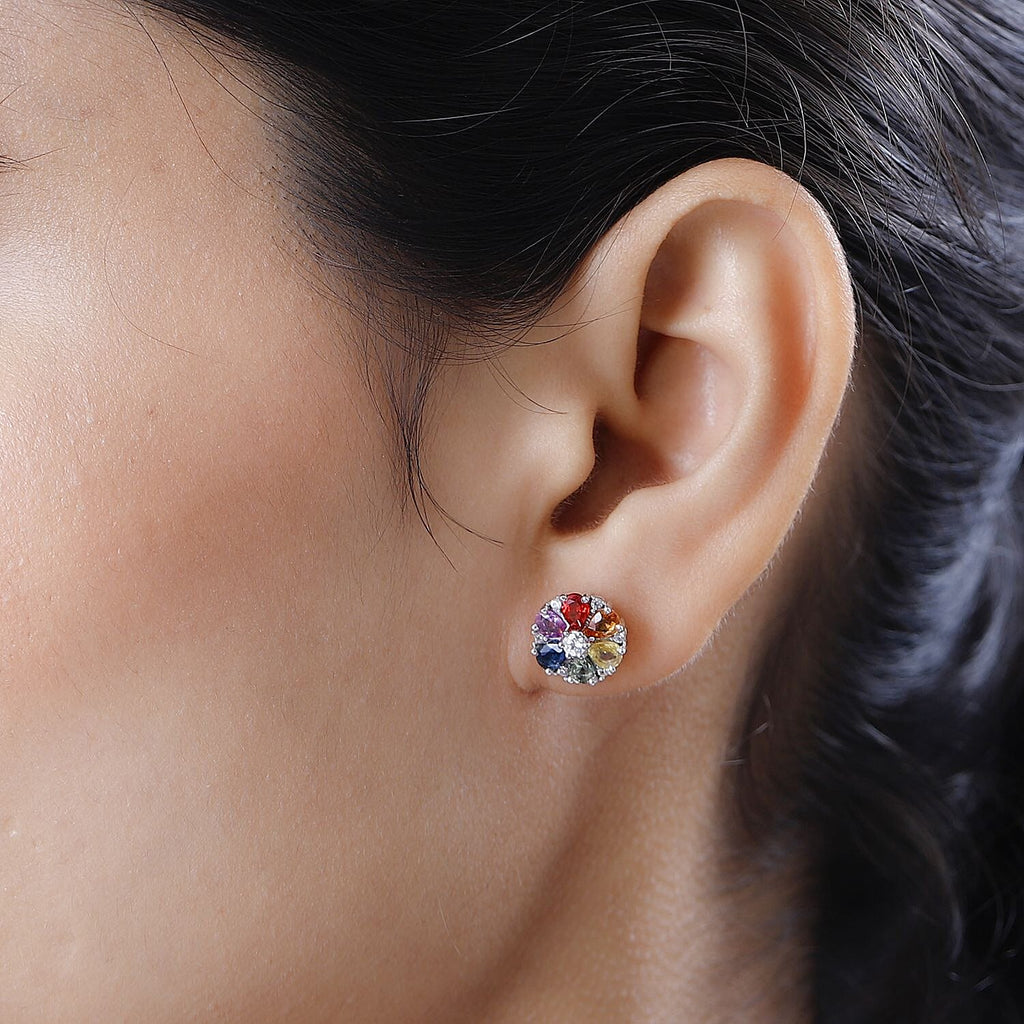 Rainbow Sapphire ,  White Zircon  Cluster Earring in Platinum Overlay Sterling Silver 2.73 ct  2.734  Ct.