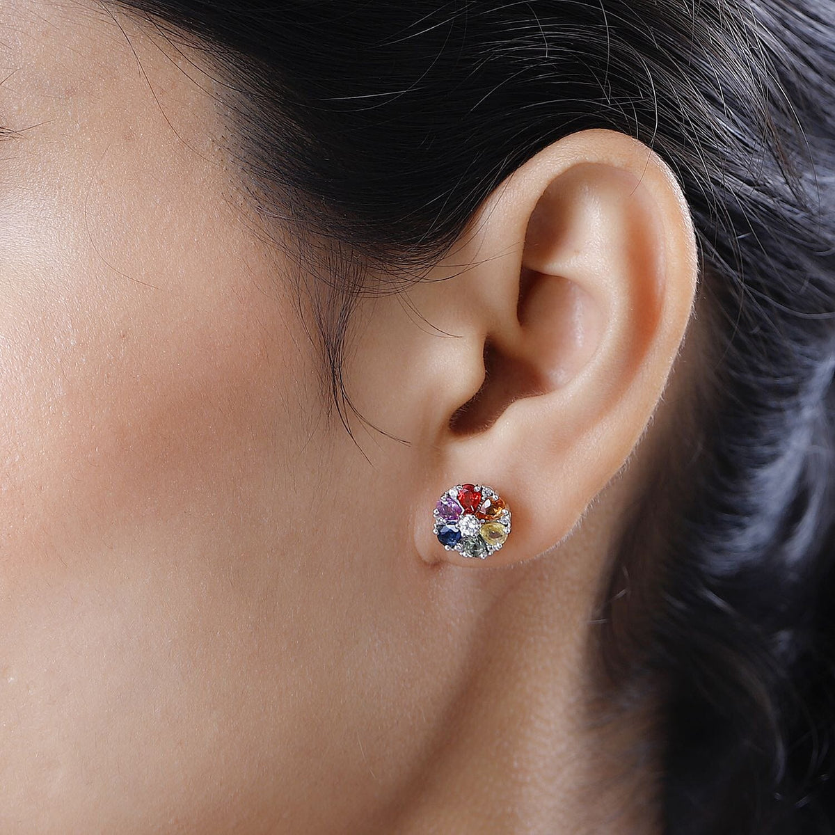 Rainbow Sapphire and White Zircon Cluster Earring in Platinum Overlay Sterling Silver 7606071 2