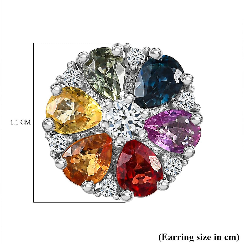 Rainbow Sapphire ,  White Zircon  Cluster Earring in Platinum Overlay Sterling Silver 2.73 ct  2.734  Ct.