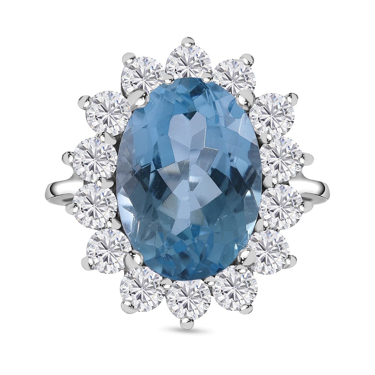 Skyblue Topaz and Natural Zircon Halo Ring in Rhodium Overlay Sterling Silver 10.00 Ct. 7633146 0