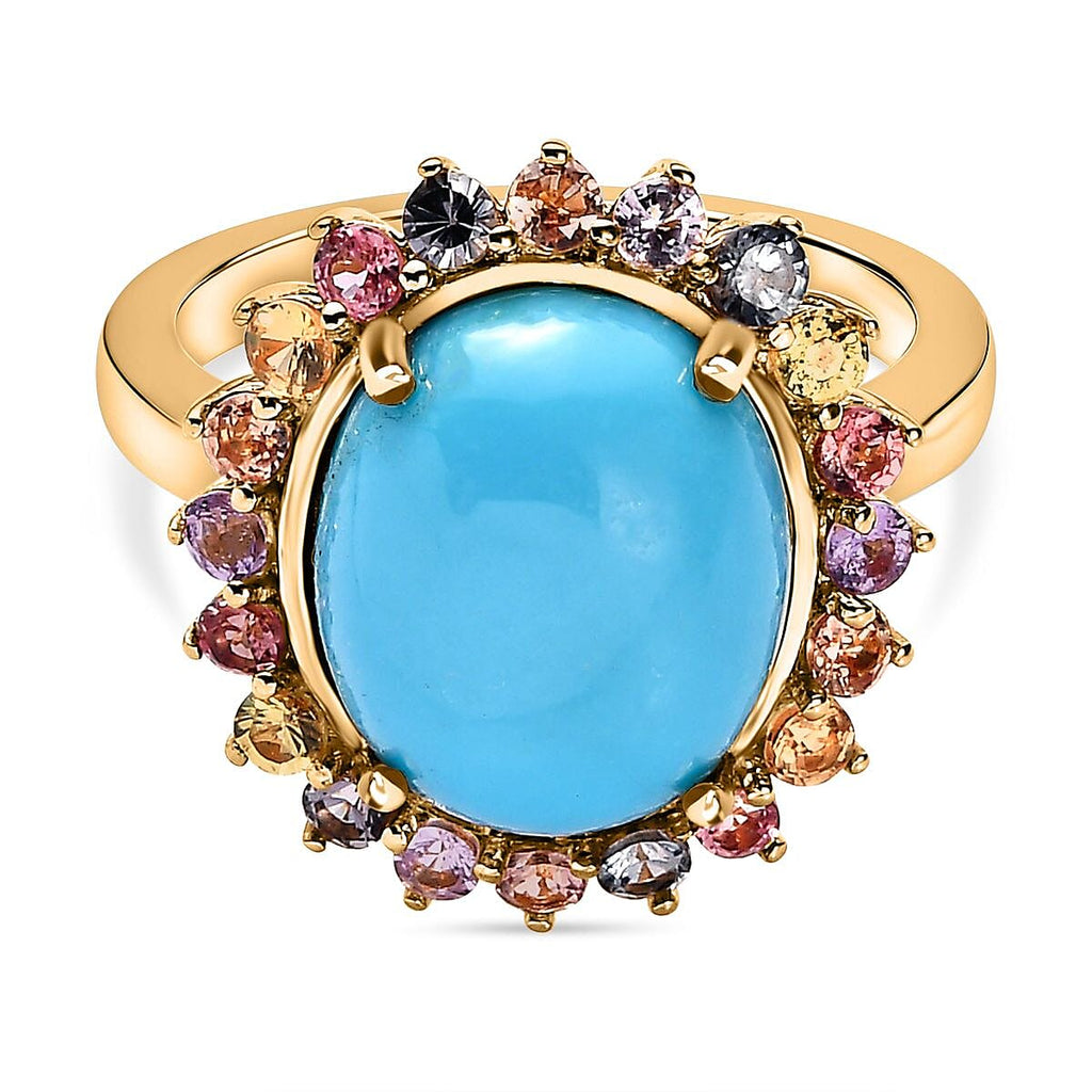 Arizona Sleeping Beauty Turquoise & Multi Sapphire Ring in 18K Vermeil YG Plated Sterling Silver 5.20 Ct