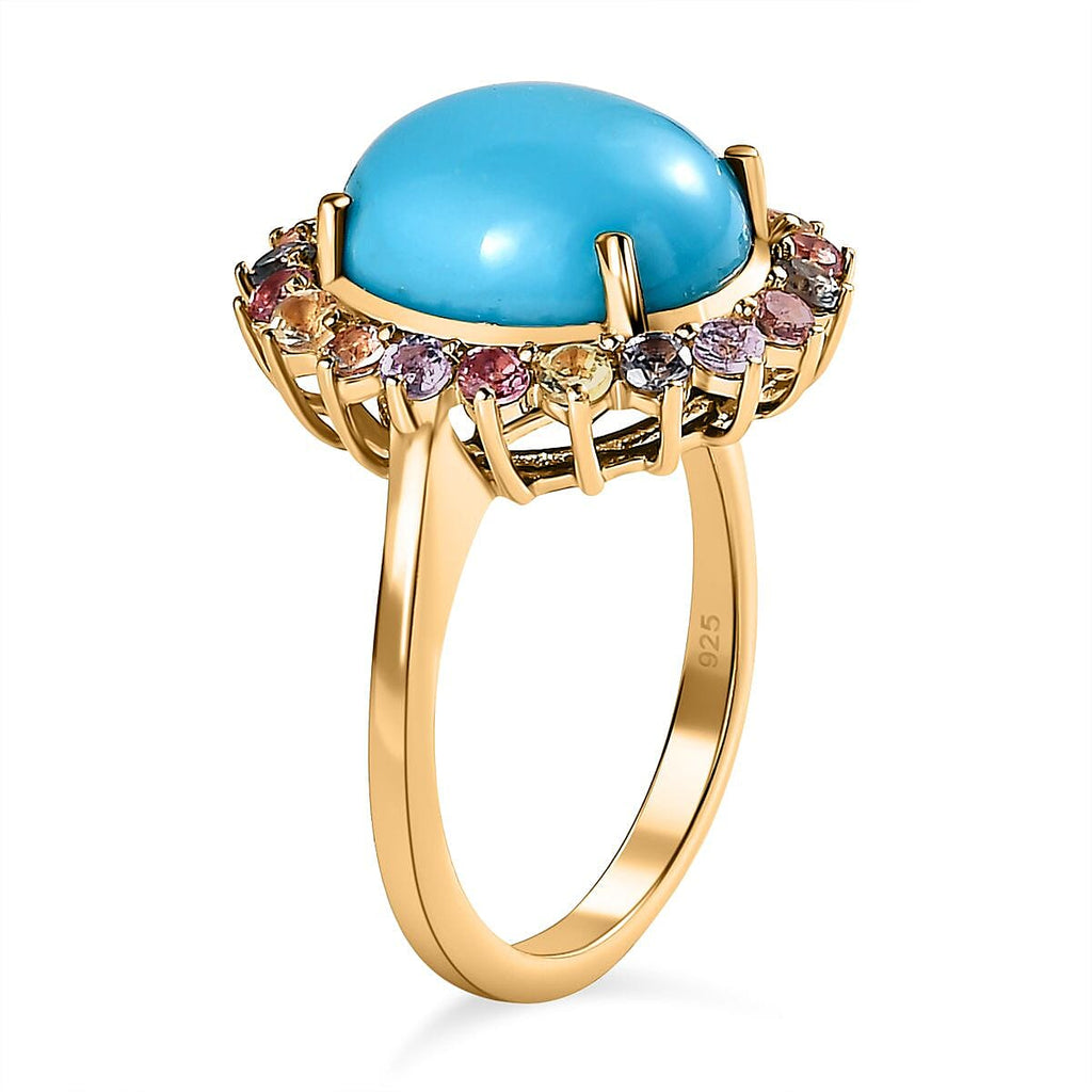 Arizona Sleeping Beauty Turquoise & Multi Sapphire Ring in 18K Vermeil YG Plated Sterling Silver 5.20 Ct