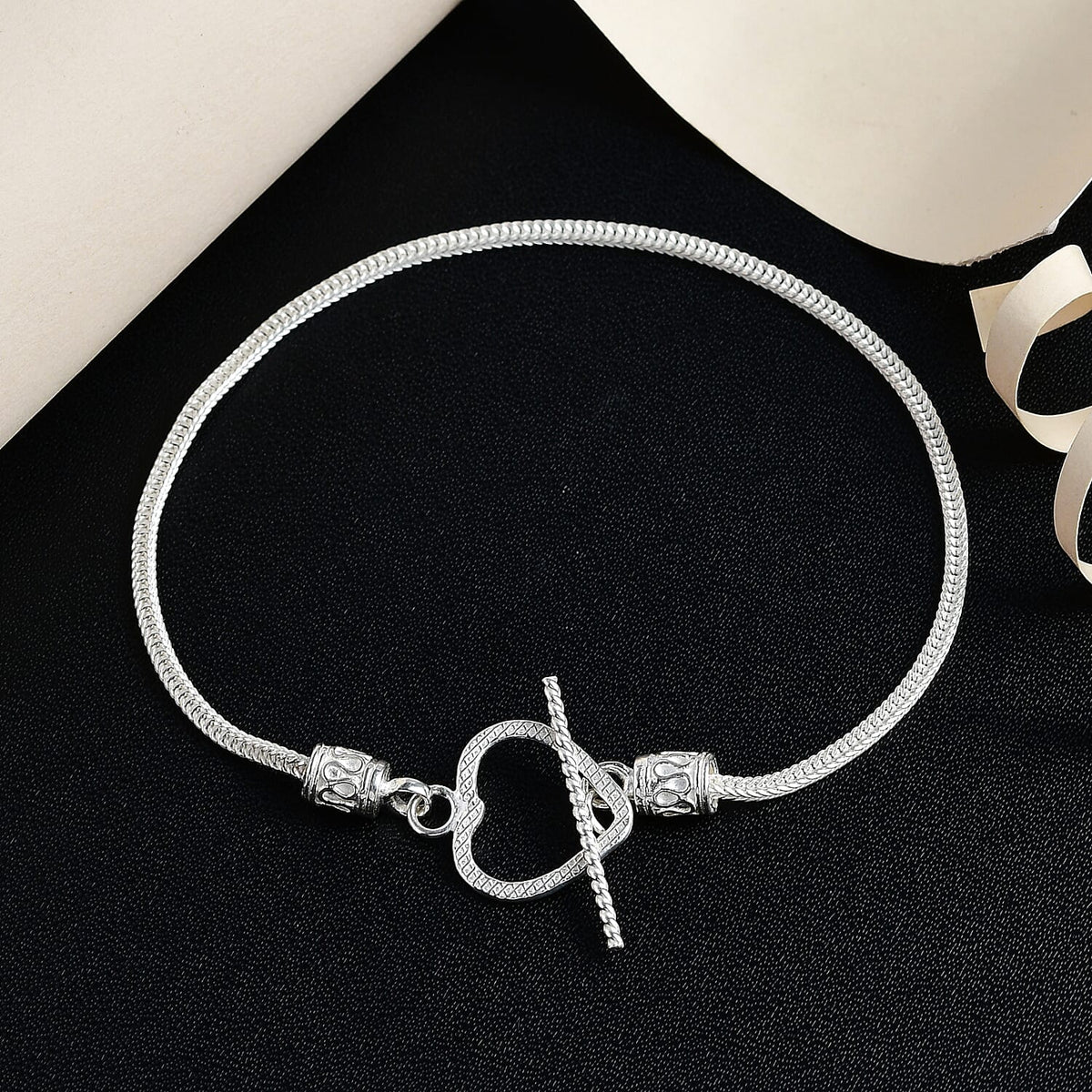 Sterling Silver Heart Bracelet (Size - 7.5) with T-Bar Clasp 7571344 1