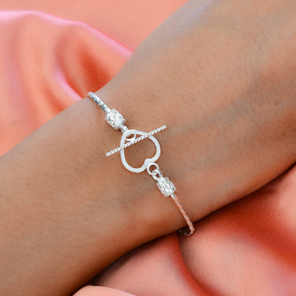 Sterling Silver Heart Bracelet (Size - 7.5) with T-Bar Clasp