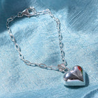 Designer CloseOut- Platinum Overlay Sterling Silver Heart Bracelet with Paper Clip Link Chain (Size - 7.5), Silver Wt. 6.5 Gms