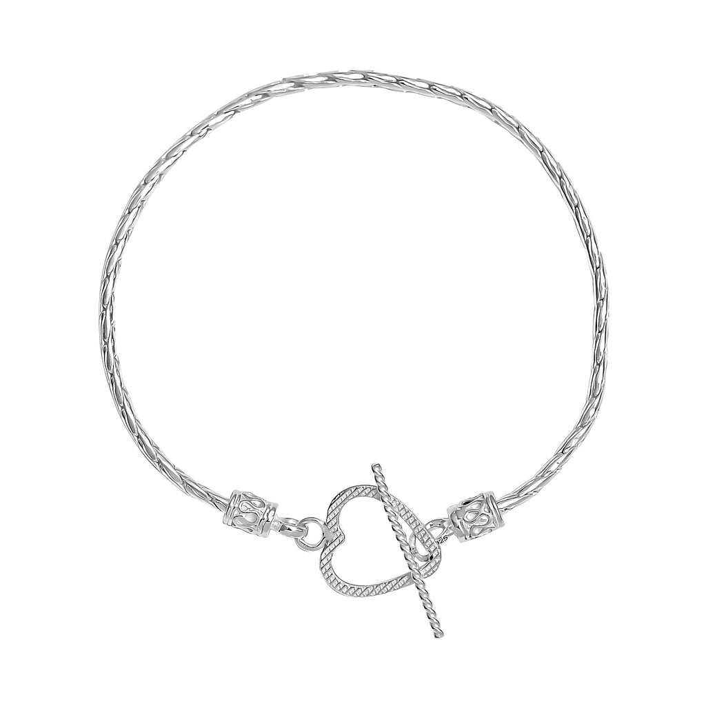 Royal Bali Sterling Silver Heart Bracelet (Size - 7.5) with T-Bar Clasp