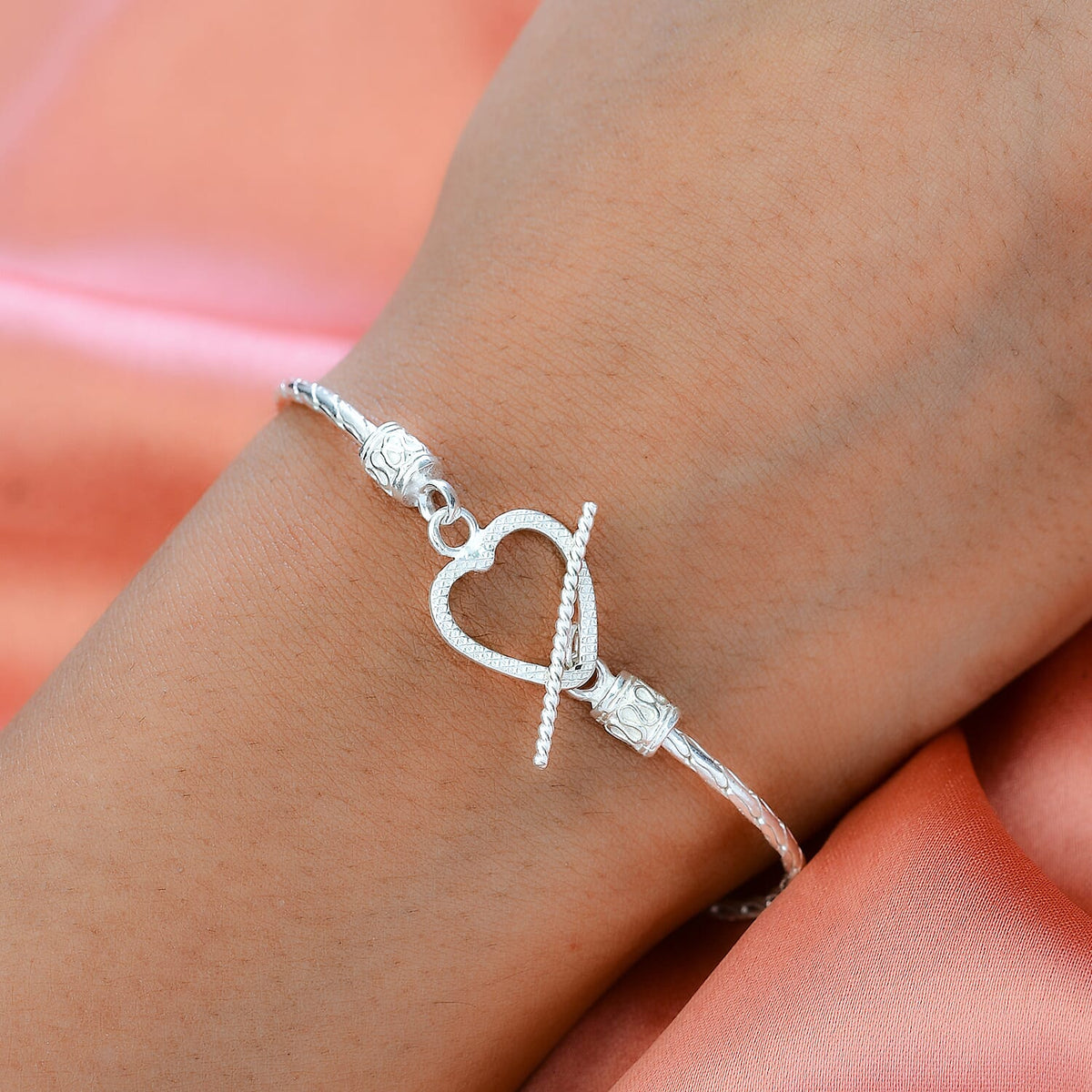 Sterling Silver Heart Bracelet (Size - 7.5) with T-Bar Clasp 7571341 2