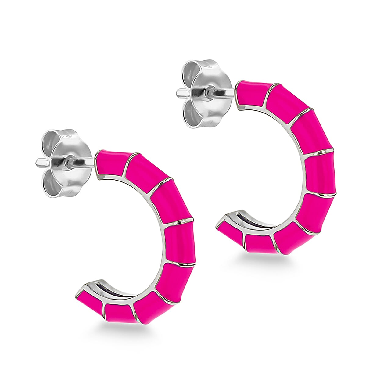 Pink Enamel Half Hoop Stud Earrings in Sterling Silver Rhodium Plated 3mm x 16.5mm 7568301 0