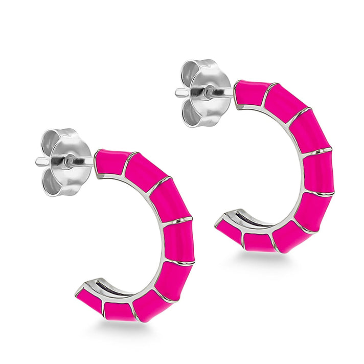 Pink Enamel Half Hoop Stud Earrings in Sterling Silver Rhodium Plated 3mm x 16.5mm 7568301 1