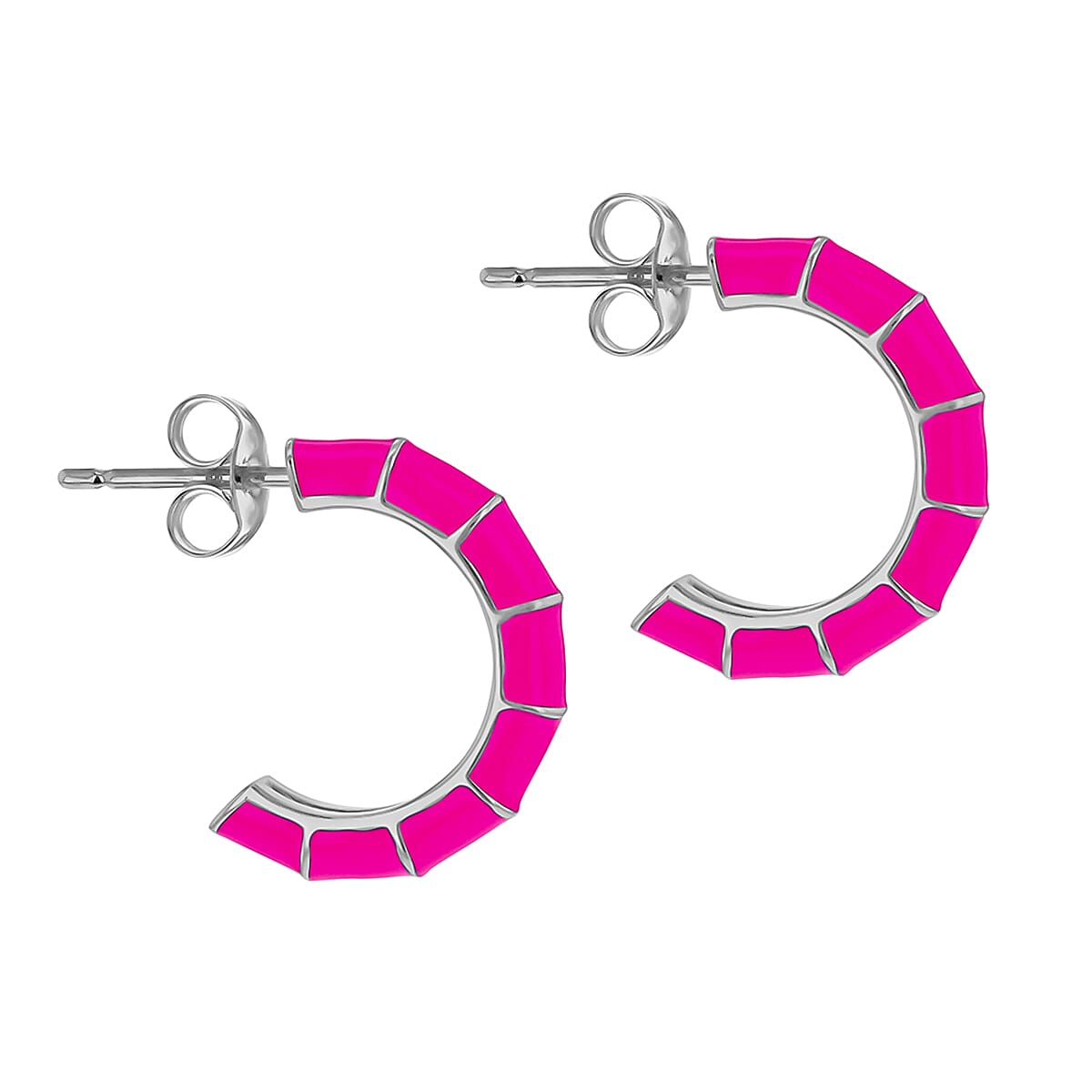 Pink Enamel Half Hoop Stud Earrings in Sterling Silver Rhodium Plated 3mm x 16.5mm 7568301 1