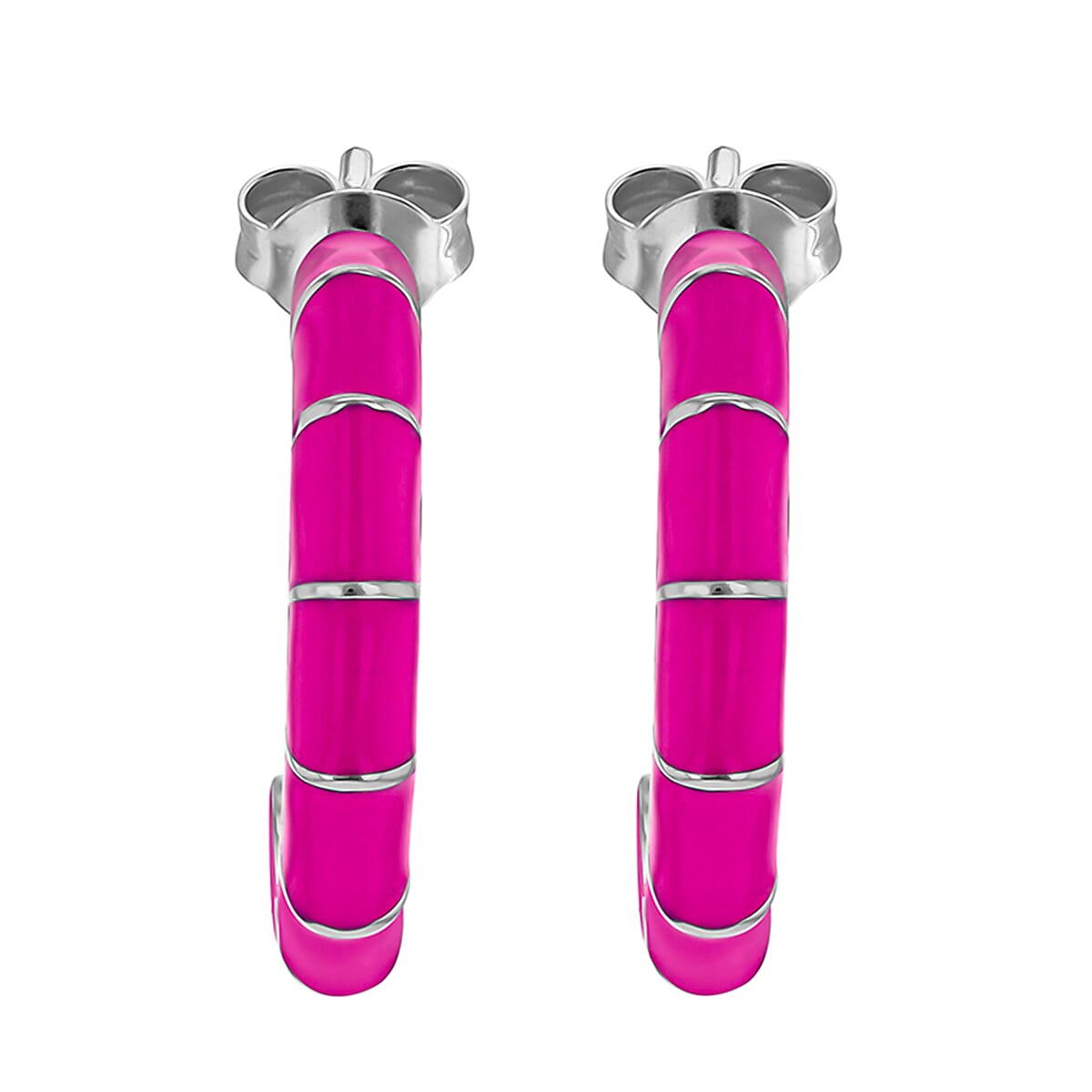 Pink Enamel Half Hoop Stud Earrings in Sterling Silver Rhodium Plated 3mm x 16.5mm 7568301 2