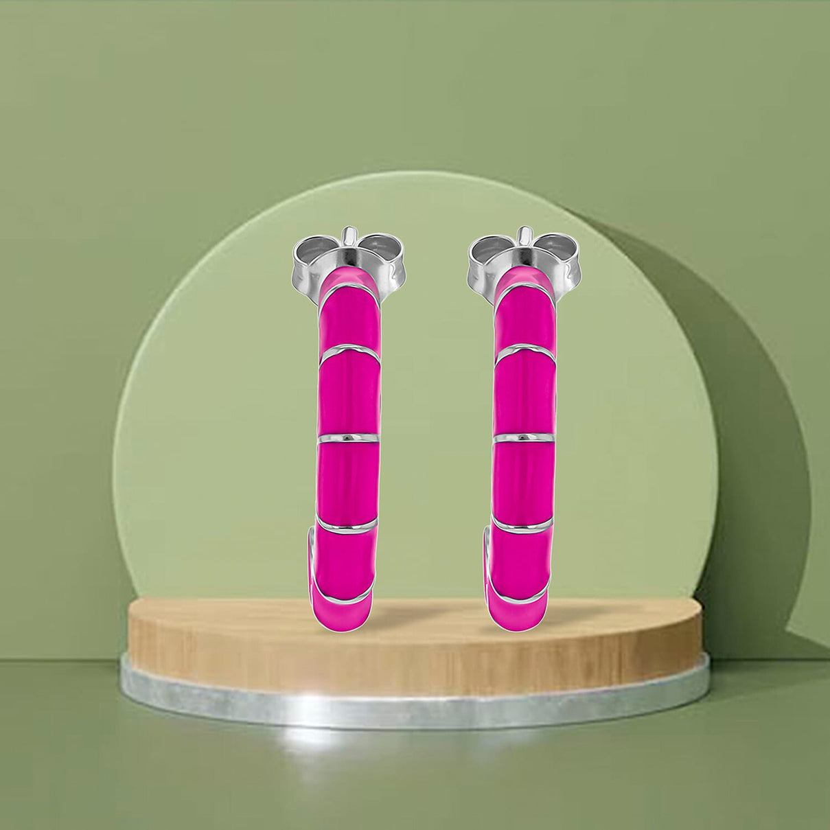 Pink Enamel Half Hoop Stud Earrings in Sterling Silver Rhodium Plated 3mm x 16.5mm 7568301 3