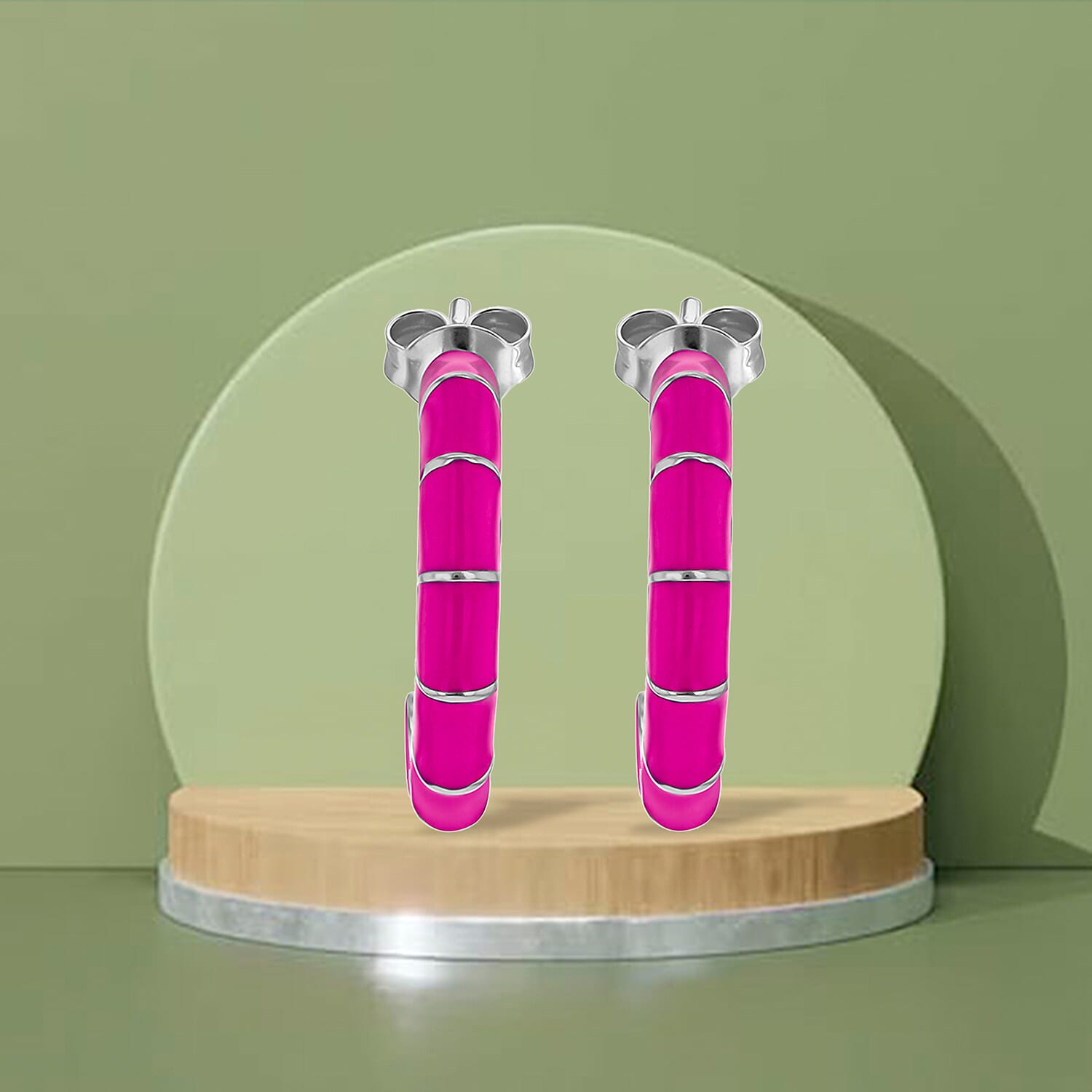 Pink Enamel Half Hoop Stud Earrings in Sterling Silver Rhodium Plated 3mm x 16.5mm 7568301 3