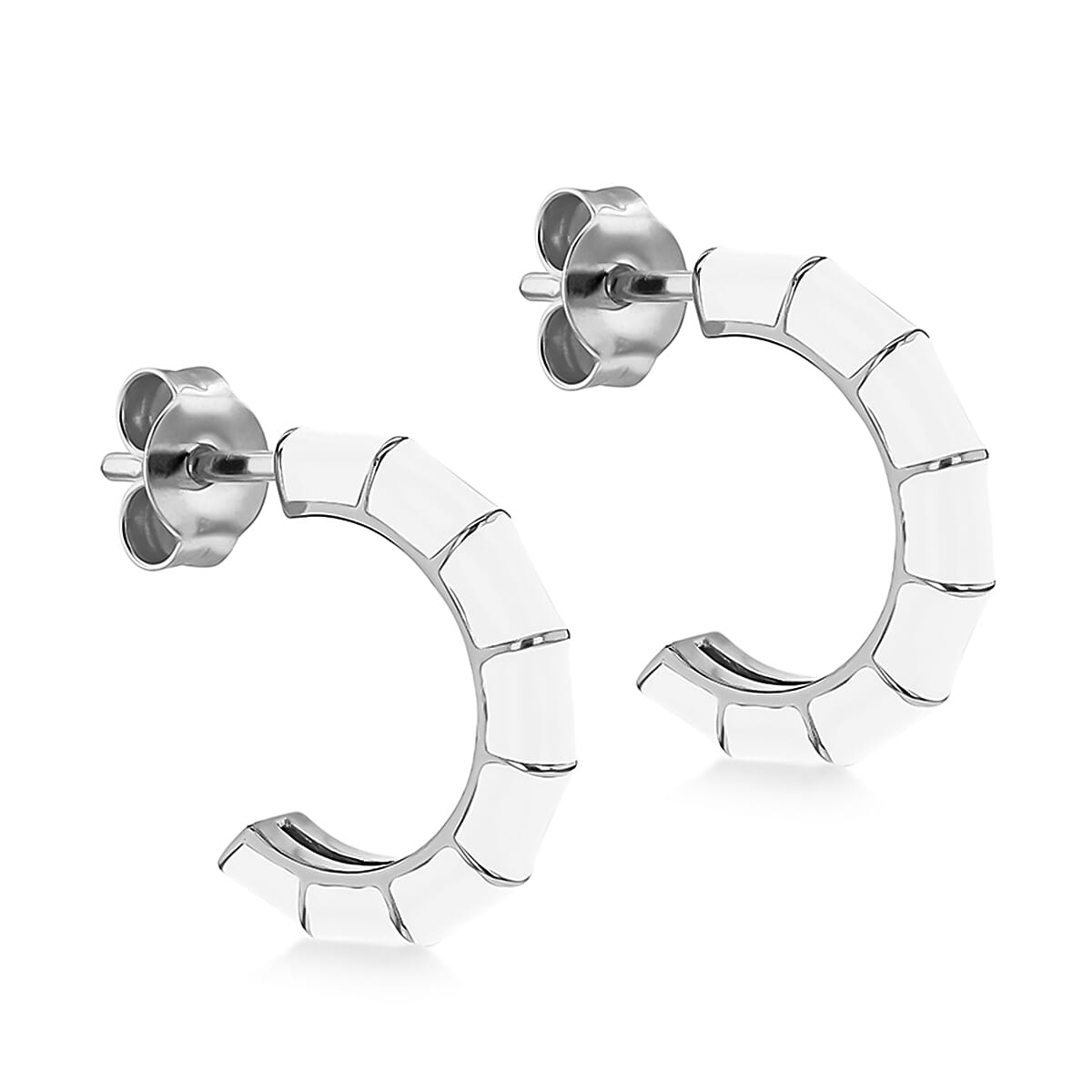 White Enamel Half Hoop Stud Earrings in Sterling Silver Rhodium Plated 3mm x 16.5mm 7568308 0