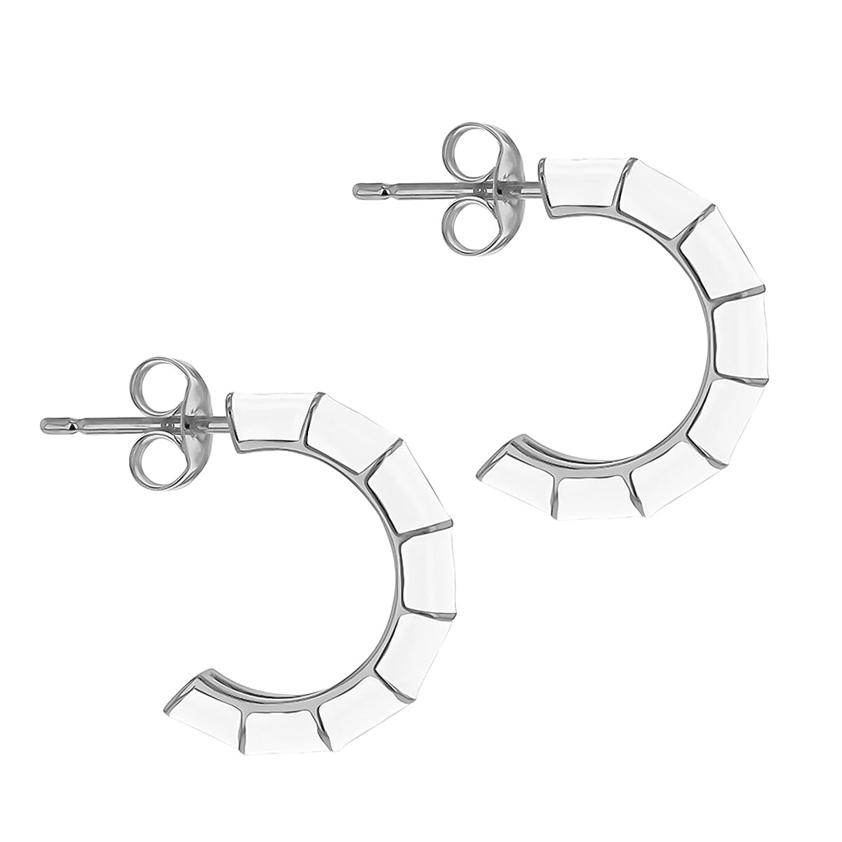 White Enamel Half Hoop Stud Earrings in Sterling Silver Rhodium Plated 3mm x 16.5mm 7568308 1
