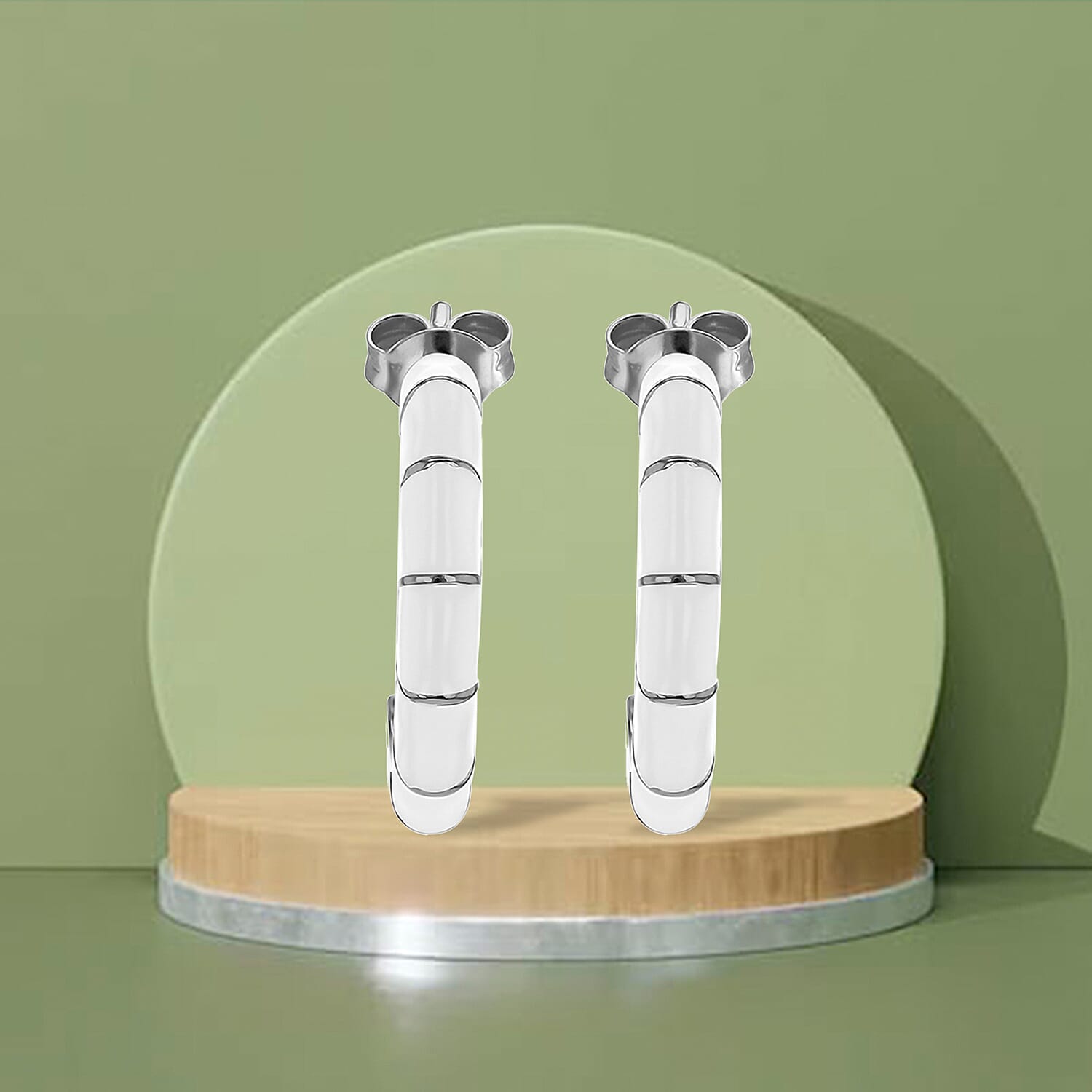White Enamel Half Hoop Stud Earrings in Sterling Silver Rhodium Plated 3mm x 16.5mm 7568308 3