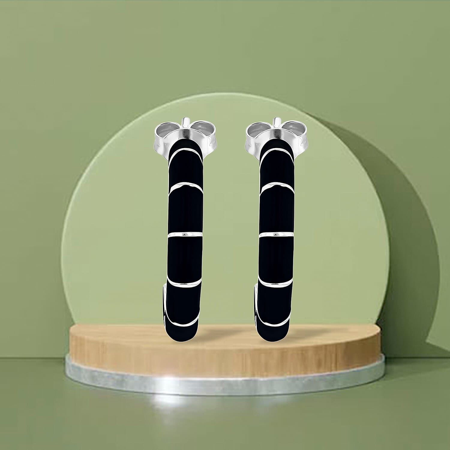 Black Enamel Half Hoop Stud Earrings in Sterling Silver 7568315 3