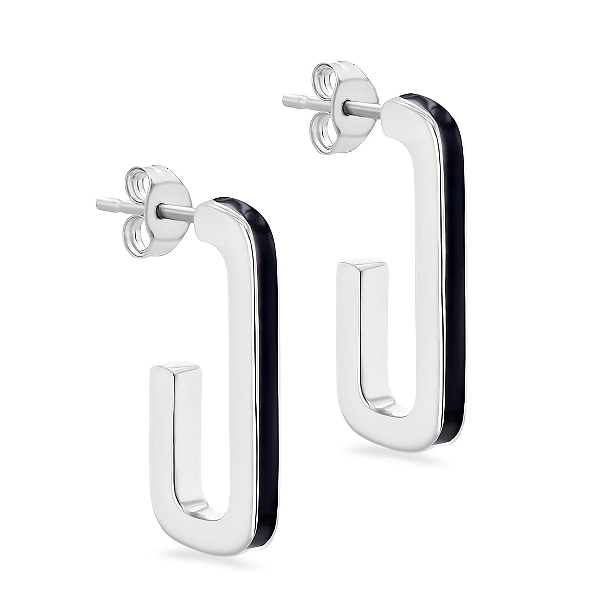 Black Enamel J Shape Stud Earrings in Sterling Silver 2.5mm x 20mm 7568349 0