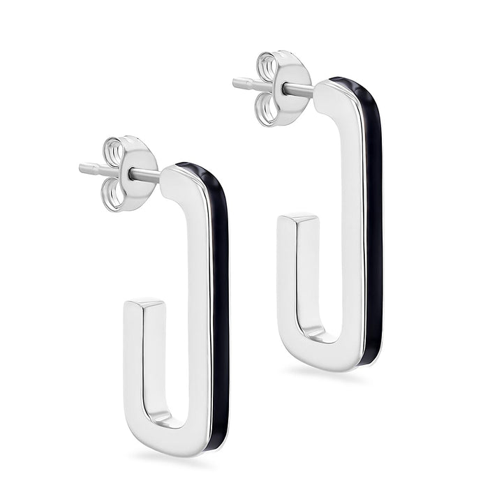 Black Enamel J Shape Stud Earrings in Sterling Silver 2.5mm x 20mm 7568349 1