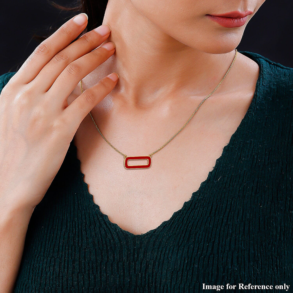 Red Enamel Rectangle Frame Necklace in Sterling Silver Yellow Gold Plated 7568491 4