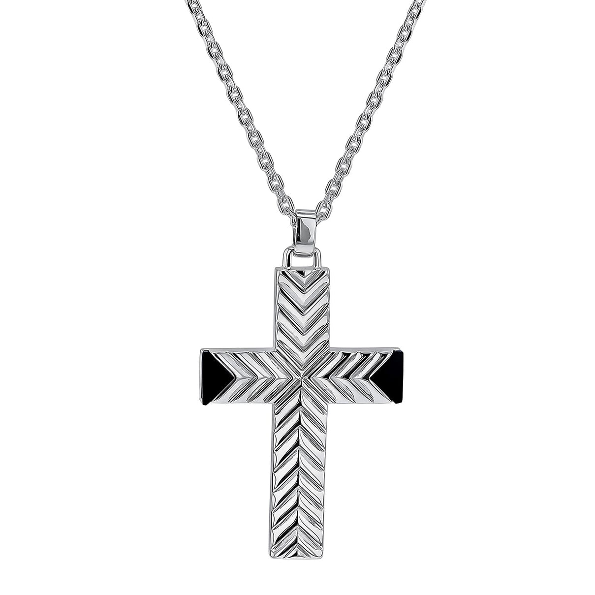 Pattern Cross With Black Agate Necklace in Sterling Silver Rhodium Plated 7569062 0