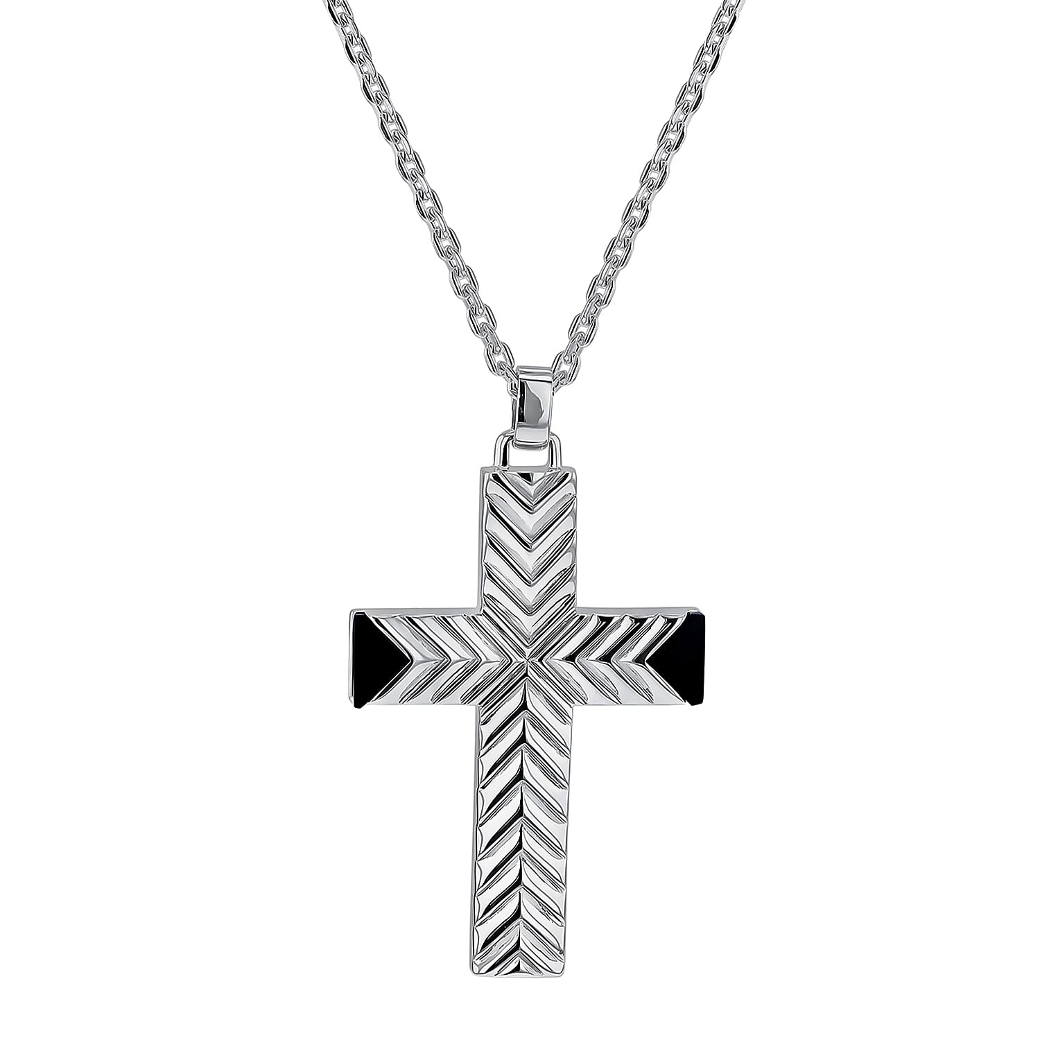 Pattern Cross With Black Agate Necklace in Sterling Silver Rhodium Plated 7569062 0