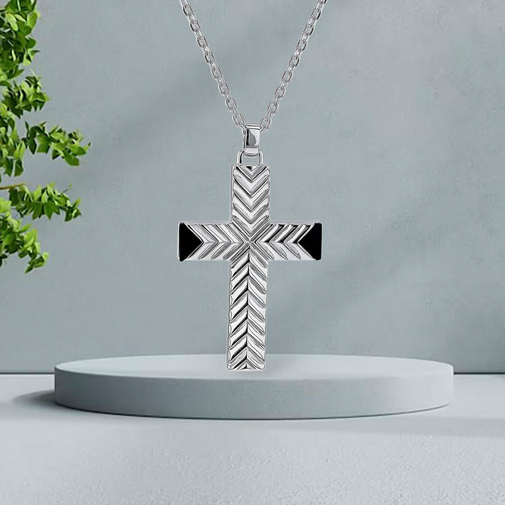 Pattern Cross With Black Agate Necklace in Sterling Silver Rhodium Plated 7569062 2