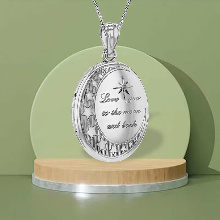 Oval Shape Moon And Star "Love You To The Moon And Back" Medium Locket Pendant in Sterling Silver Rhodium Plated 7568414 2