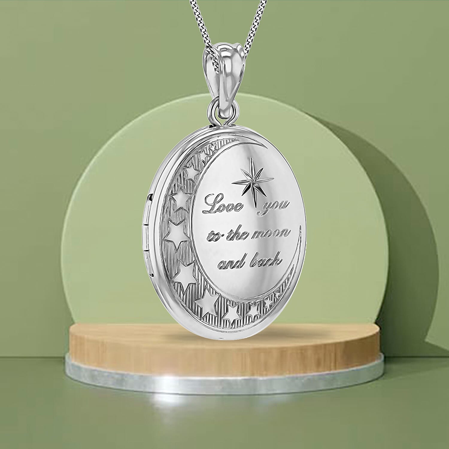 Oval Shape Moon And Star "Love You To The Moon And Back" Small Locket Pendant in Sterling Silver Rhodium Plated 7568429 1