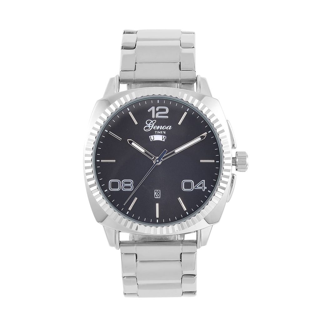 GENOA TIME V2 Double Calender Quartz Movement Black Sunshine Dial 3 ATM Water Resistant Watch With Stainless Steel Chain Strap