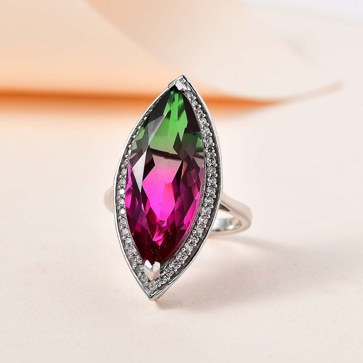 Watermelon Colour Tourmaline Quartz and Natural Zircon Ring in Platinum Overlay Sterling Silver 13.40 Ct 7602486 1