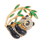 White Austrian Crystal Enamelled Panda Brooch in Yellow Gold Tone