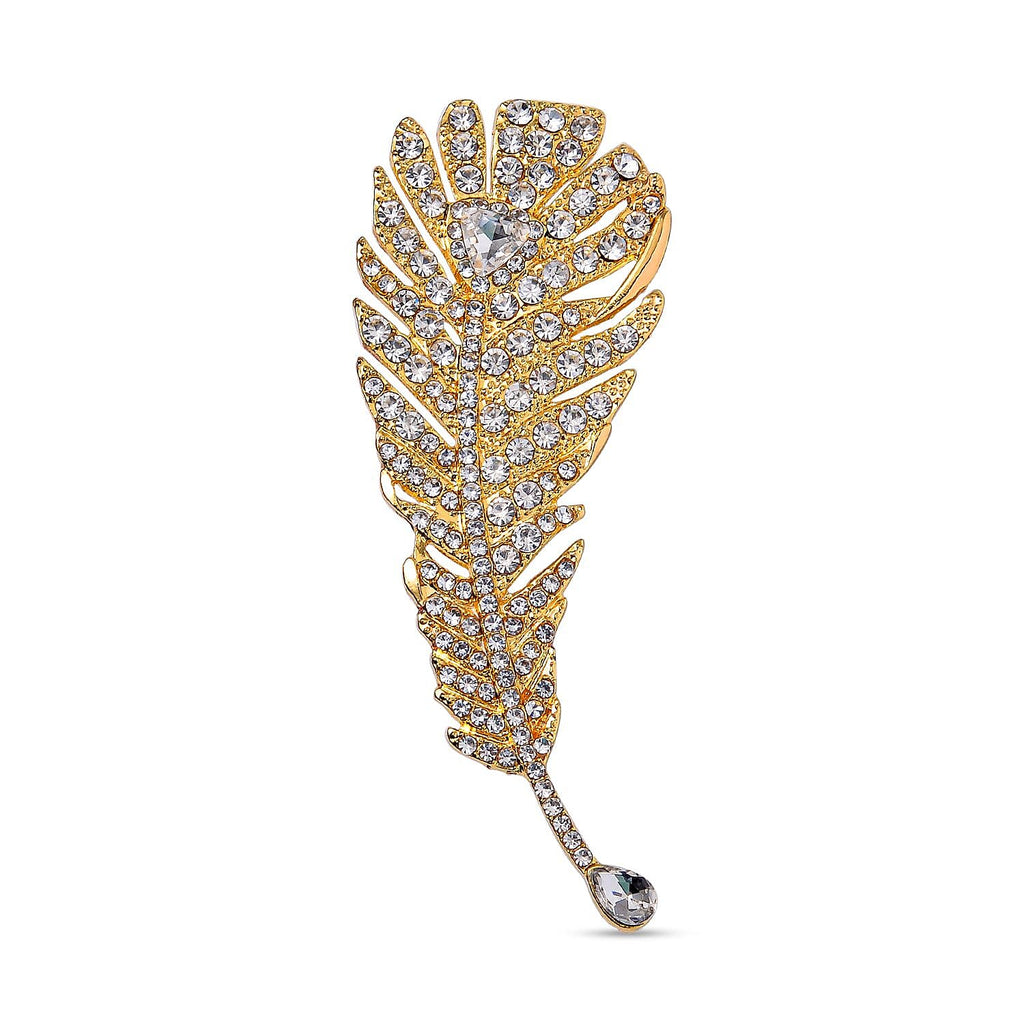 Austrian White Crystal Leaf Brooch in Yellow Gold Tone