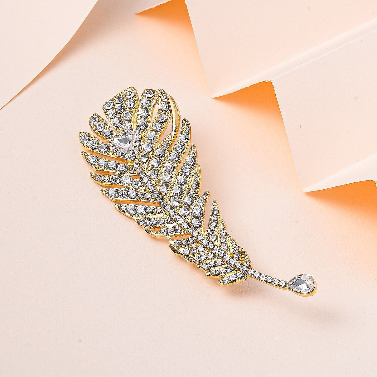 Austrian White Crystal Leaf Brooch in Yellow Gold Tone 7602127 1