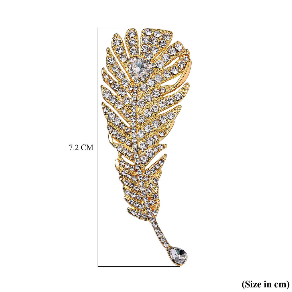 Austrian White Crystal Leaf Brooch in Yellow Gold Tone
