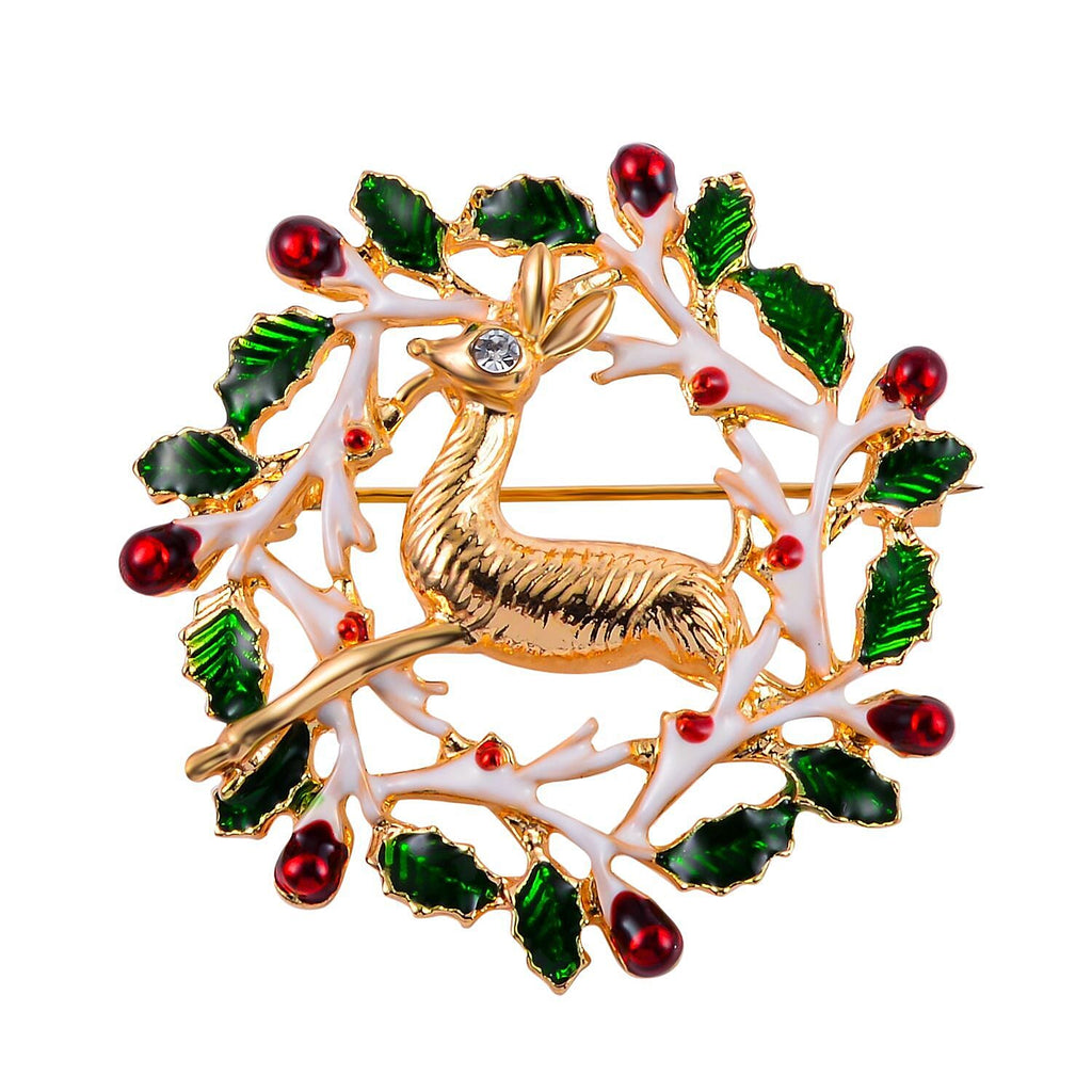 White Austrian Crystal Enamelled Reindeer Brooch in Yellow Gold Tone